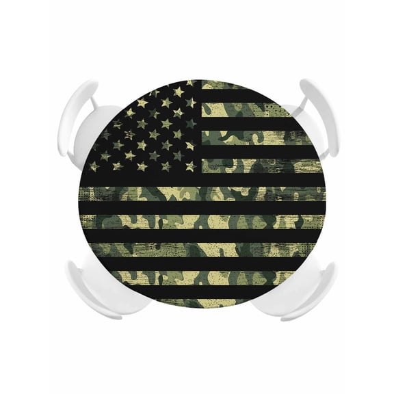 Round Tablecloth Rustic Green Camo Military Pattern American Flag Elastic Edge Fitted Camouflage Plastic Table Cover,Waterproof Oil Proof for Dinner,Outdoor, Picnic, 36" - 44"&nbsp; DIA Tables