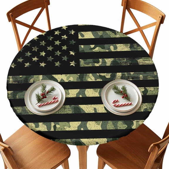 Round Tablecloth Rustic Green Camo Military Pattern American Flag Elastic Edge Fitted Camouflage Plastic Table Cover,Waterproof Oil Proof for Dinner,Outdoor, Picnic, 45"- 54" DIA Tables