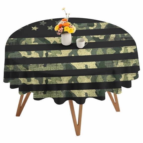 Round Tablecloth Rustic Green Camo Military Pattern American Flag Waterproof Oil Proof Polyester Table Cloth Cover Decor for Home Dining Outdoor,Patio,Parties, 60" Dia. Camouflage