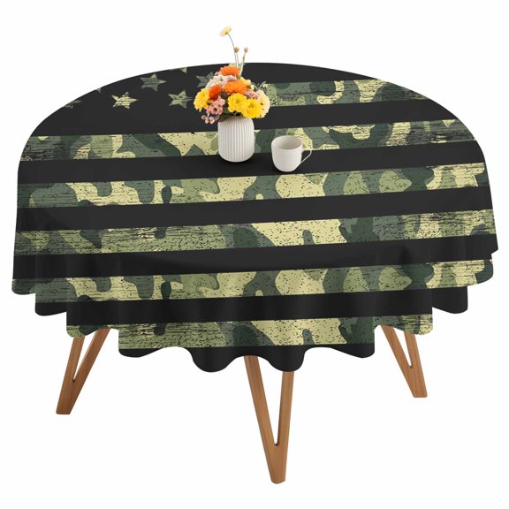 Round Tablecloth Rustic Green Camo Military Pattern American Flag Waterproof Oil Proof Polyester Table Cloth Cover Decor for Home Dining Outdoor,Patio,Parties, 54" Dia. Camouflage