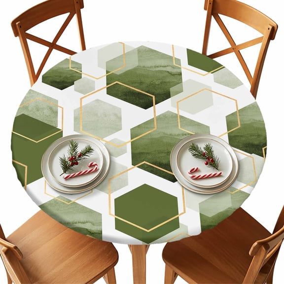 Round Tablecloth Sage Green Gold Geometric Elastic Edge Fitted Modern Abstract Hexagon Pattern Plastic Table Cover,Waterproof Oil Proof for Dinner,Outdoor, Picnic, 45"- 54" DIA Tables