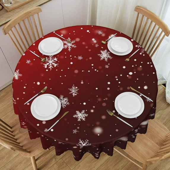 Round Tablecloth Snowflake Red Christmas Winter 60 Inch Table Cover for Dining Polyester Cloth with Scalloped Edges Stain Resistance Kitchen Picnic Party Restaurant Decoration