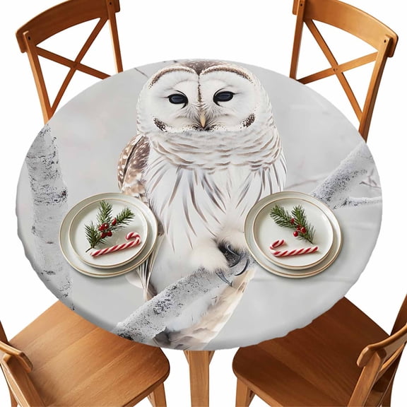 Round Tablecloth Snowy Owl Elastic Edge Fitted Winter Owl Animal Plastic Table Cover,Waterproof Oil Proof for Dinner,Outdoor, Picnic, 36" - 44" DIA Tables