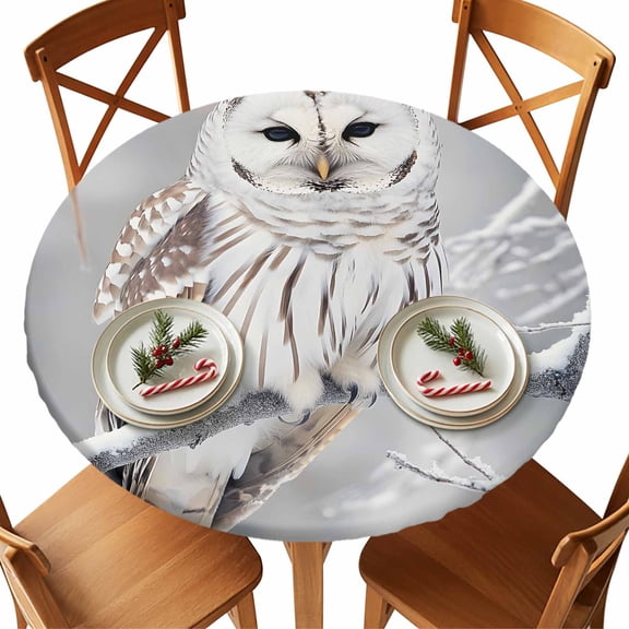 Round Tablecloth Snowy Owl Elastic Edge Fitted Winter Owl on Tree Branch Plastic Table Cover,Waterproof Oil Proof for Dinner,Outdoor, Picnic, 55"- 60" DIA Tables