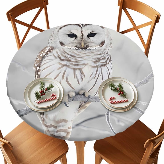 Round Tablecloth Snowy Owl Elastic Edge Fitted Winter Polar Owl Plastic Table Cover,Waterproof Oil Proof for Dinner,Outdoor, Picnic, 45"- 54" DIA Tables