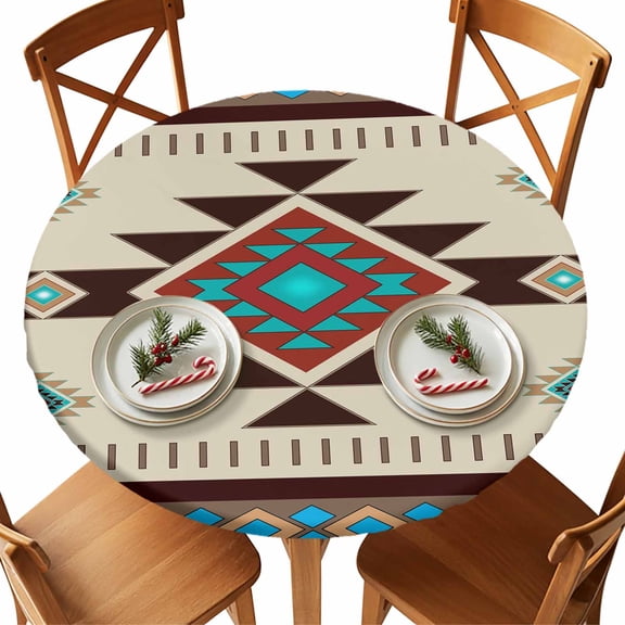 Round Tablecloth Southwest Boho Pattern Elastic Edge Fitted Aztec Tribal Texture Plastic Table Cover,Waterproof Oil Proof for Dinner,Outdoor, Picnic, 36" - 44"&nbsp; DIA Tables Brown Blue Green