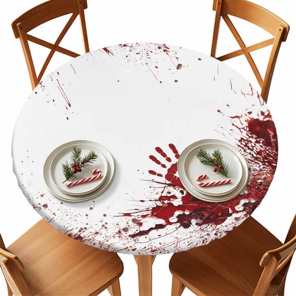 Round Tablecloth Spooky Blood Hand Halloween Elastic Edge Fitted Horror Scary Zombie Themed Plastic Table Cover,Waterproof Oil Proof for Dinner,Outdoor, Picnic, 36" - 44" DIA Tables