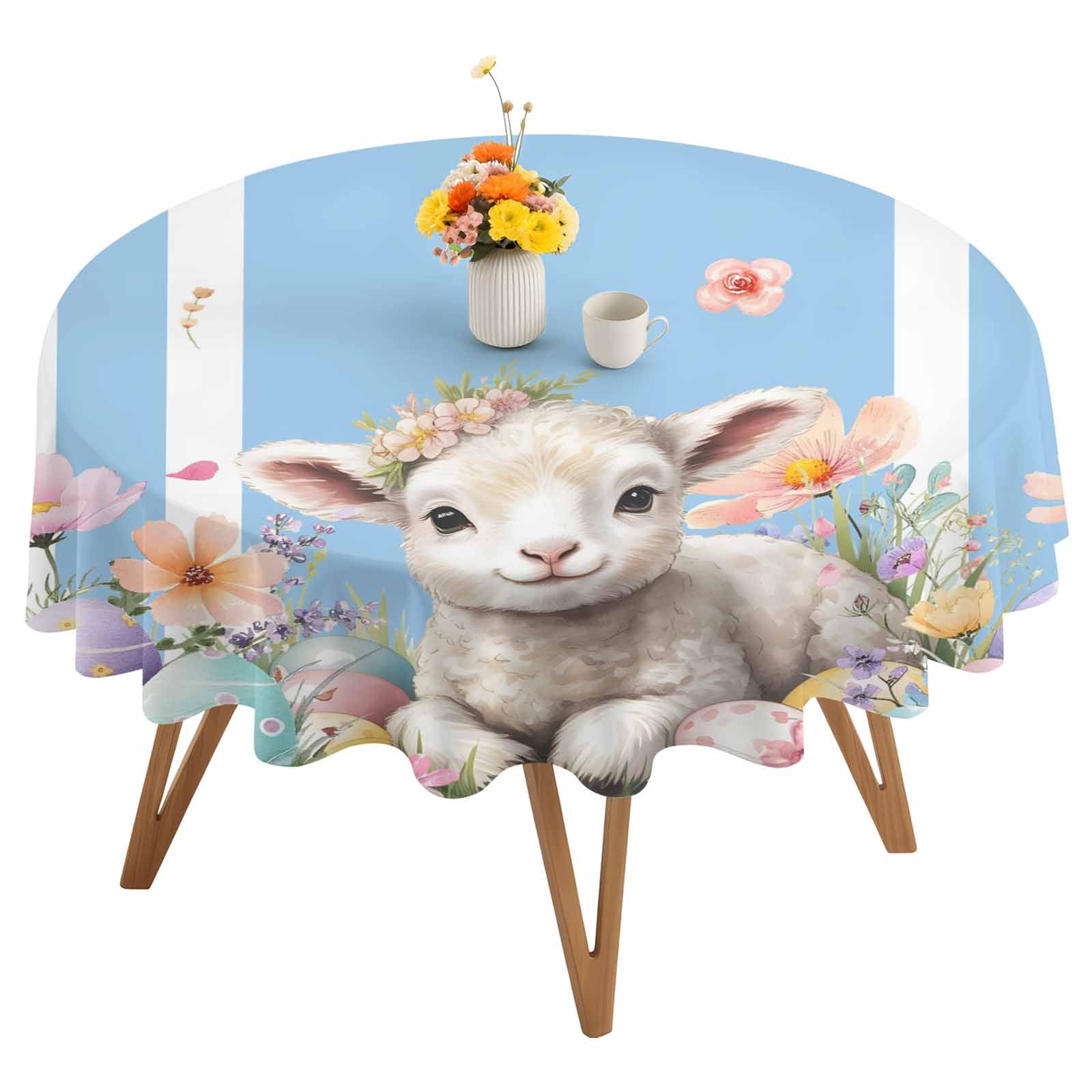 Round Tablecloth Spring Floral Easter Waterproof Oil Proof Polyester Table Cloth Cover Decor for Home Dining Outdoor,Patio,Parties, 54" Dia. Cute Lambs Eggs Blue Striped