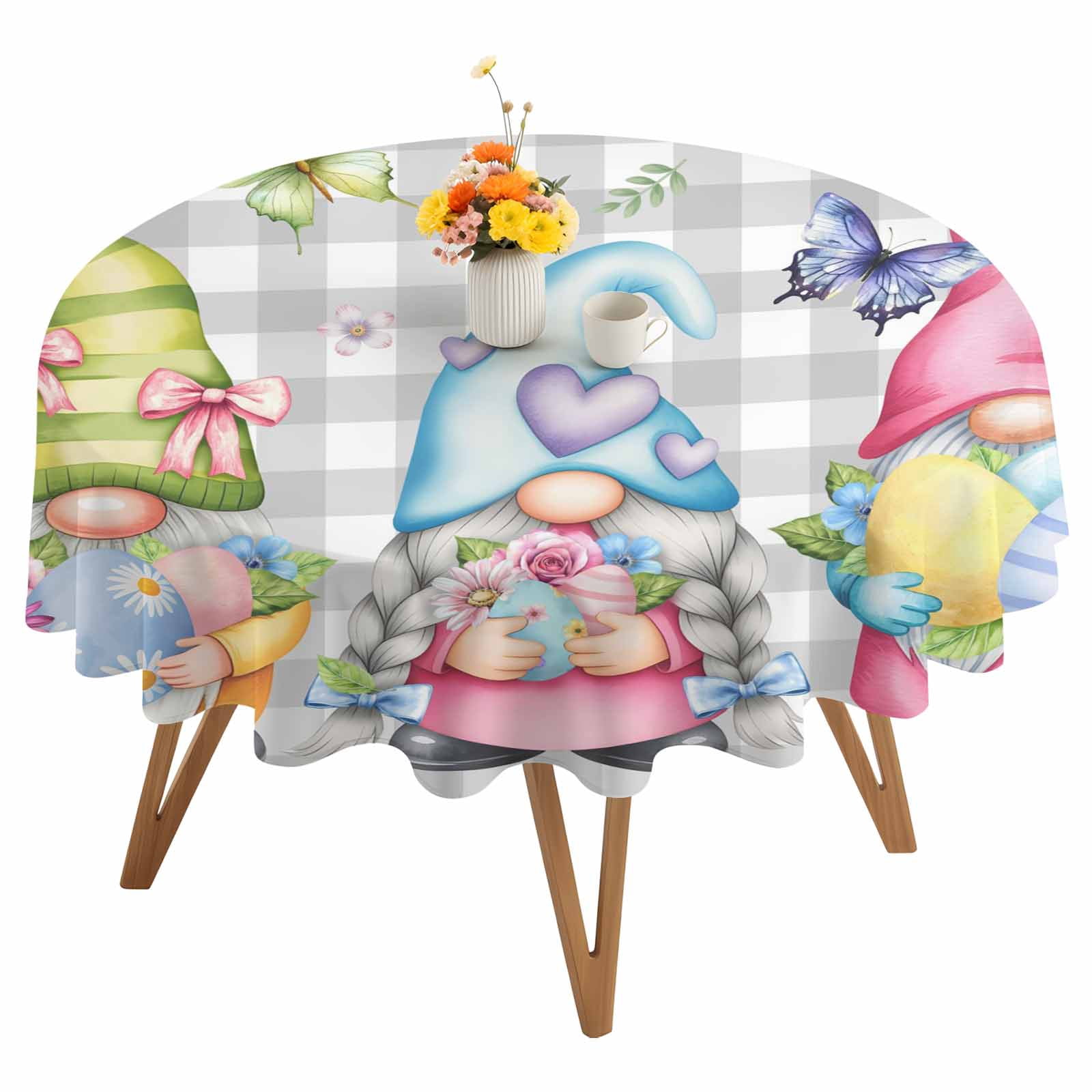 Round Tablecloth Spring Gnomes Easter Waterproof Oil Proof Polyester Table Cloth Cover Decor for Home Dining Outdoor,Patio,Parties, 54" Dia. Flowers Butterflies Grey Plaid