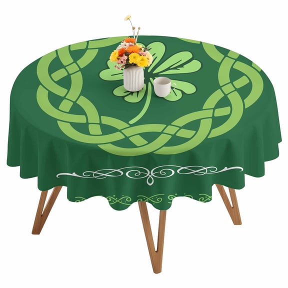 Round Tablecloth St. Patrick's Day Waterproof Oil Proof Polyester Table Cloth Cover Decor for Home Dining Outdoor,Patio,Parties, 54" Dia. Celtic Knots Four Leaf Clovers Forest Green