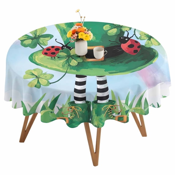 Round Tablecloth St. Patrick's Day Waterproof Oil Proof Polyester Table Cloth Cover Decor for Home Dining Outdoor,Patio,Parties, 60" Dia. Leprechauns Green Clovers Hat Rainbow