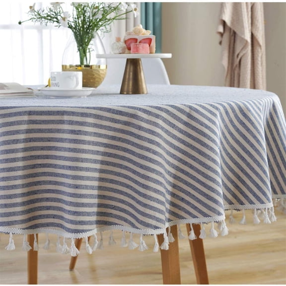Round Tablecloth Stripe Tassel Table Cloth Cotton Blend Dust-Proof Table Cover for Dining Circle Coffee Side End Card Tables, Parties Holiday Indoor Outdoor Use (Blue/White Stripes, 150cm )