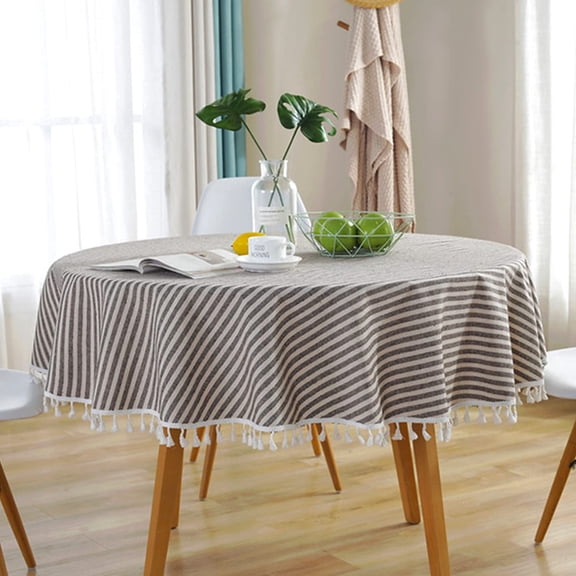 Round Tablecloth Stripe Tassel Table Cloth Cotton Linen Dust-Proof Table Cover for Dining Circle Coffee Side End Card Table, Parties Tablecloths (Coffee Brown, 150cm)