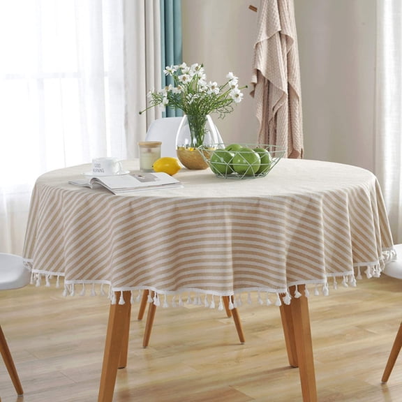 Round Tablecloth Stripe Tassel Table Clothton Blend Dust-proof Cover For Dining Circle Coffee Side End Card Tables Parties Holiday Indoor Outdoore (beige Stripes 60 Inch)