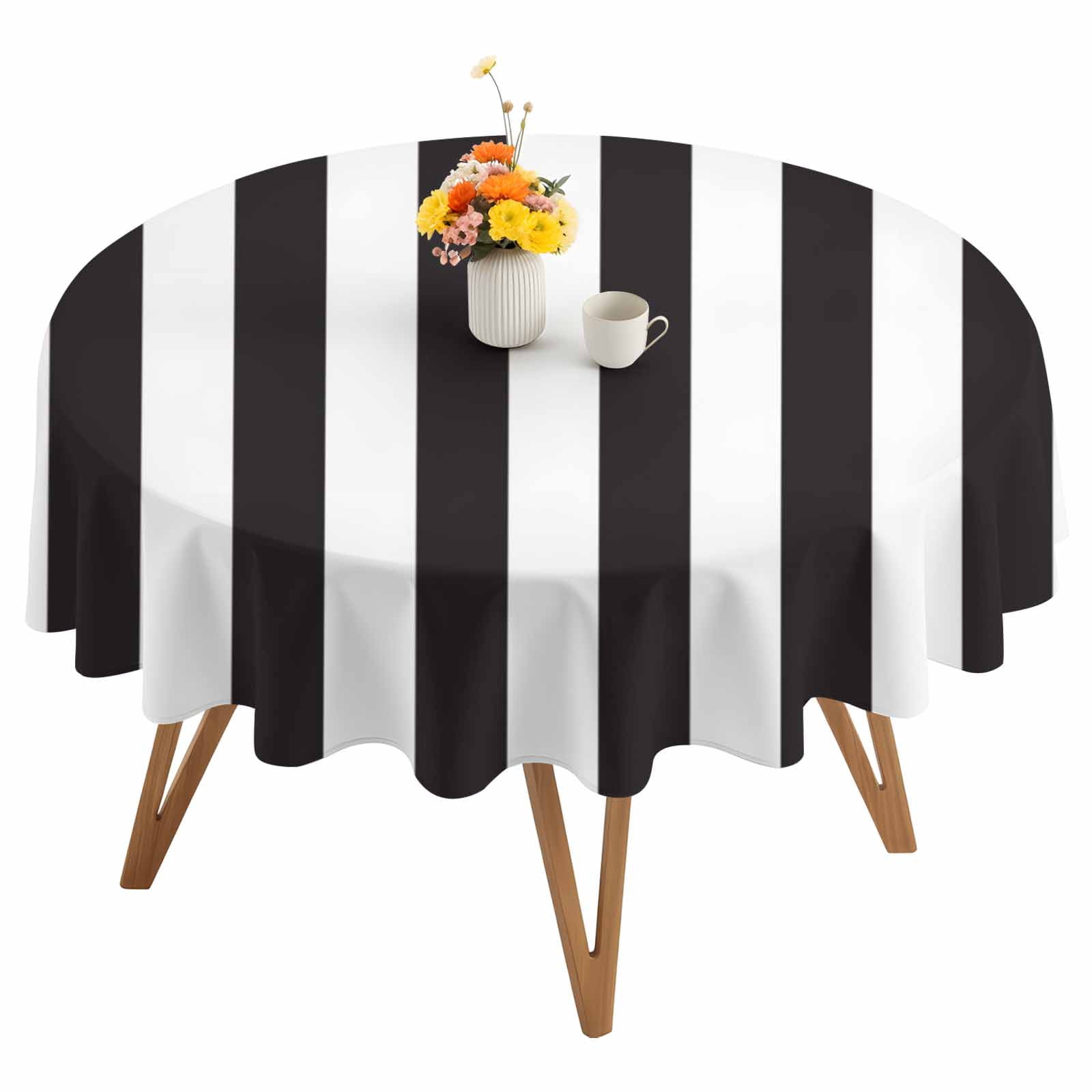 Round Tablecloth Striped Pattern Waterproof Oil Proof Polyester Table Cloth Cover Decor for Home Dining Outdoor,Patio,Parties, 54" Dia. Black and White