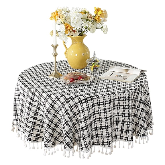 Round Tablecloth,Striped Plaid Jacquard Tablecloth With Tassel Washable,Minimalist Circle Table Covers For Dining Room Kitchen Balcony Outdoor Coffee Table-Black-round140cm(55")