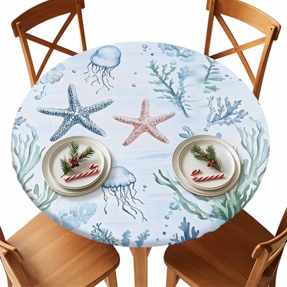 Round Tablecloth Summer Ocean Elastic Edge Fitted Coastal Starfish Coral Jellyfish Plastic Table Cover,Waterproof Oil Proof for Dinner,Outdoor, Picnic, 36" - 44"&nbsp; DIA Tables Aqua Blue
