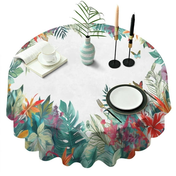 Round Tablecloth Summer Palm Tree (2) Table Cloth Water Resistant Fabric Oil-Proof Wrinkle Free Soft Table Covers for Dining Kitchen Parties Washable Tabletop Cover 60x60 Inch