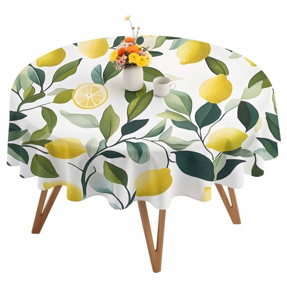 Round Tablecloth Summer Yellow Lemons Waterproof Oil Proof Polyester Table Cloth Cover Decor for Home Dining Outdoor,Patio,Parties, 54" Dia. Green Leaves Tropical Print