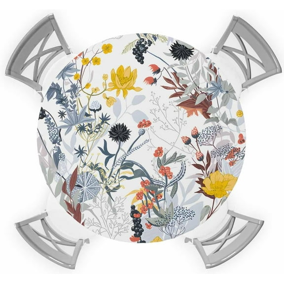 Round Tablecloth Table Cover 45-54 Inch Waterproof Reusable Table Cloth Round Cover Fitted Tablecloth with Elastic Edged Spring Dandelion Leaf Yellow Flower Outdoor Tablecloths