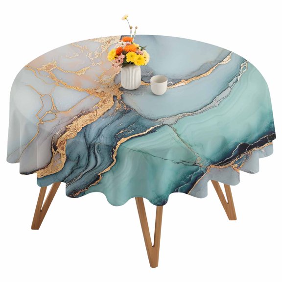 Round Tablecloth Teal Blue Marble Texture Waterproof Oil Proof Polyester Table Cloth Cover Decor for Home Dining Outdoor,Patio,Parties, 54" Dia. Abstract Modern Gold Lines