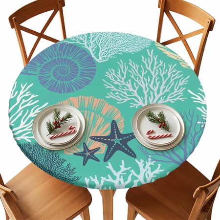 Round Tablecloth Teal Green Blue Coastal Elastic Edge Fitted Nautical Ocean Coral Starfish Shell Plastic Table Cover,Waterproof Oil Proof for Dinner,Outdoor, Picnic, 55"- 60" DIA Tables