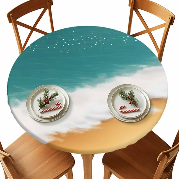 Round Tablecloth Teal Orange Beach Elastic Edge Fitted Abstract Watercolor Wave Plastic Table Cover,Waterproof Oil Proof for Dinner,Outdoor, Picnic, 36" - 44" DIA Tables