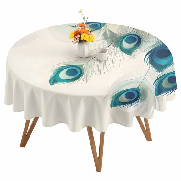 Round Tablecloth Teal Turquoise Peacock Print Waterproof Oil Proof Polyester Table Cloth Cover Decor for Home Dining Outdoor,Patio,Parties, 54" Dia. Cream Color