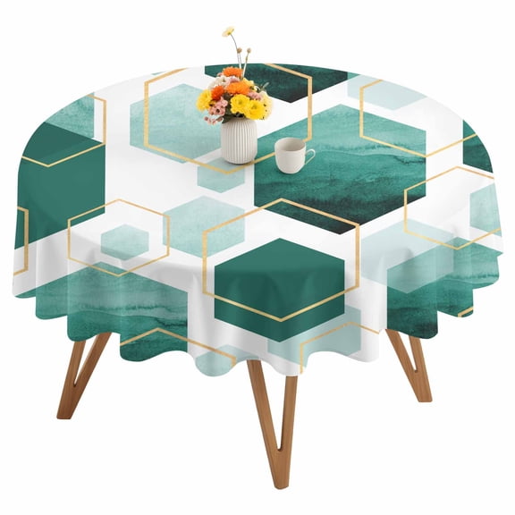 Round Tablecloth Teal White Gold Geometric Waterproof Oil Proof Polyester Table Cloth Cover Decor for Home Dining Outdoor,Patio,Parties, 54" Dia. Modern Abstract Hexagon Pattern