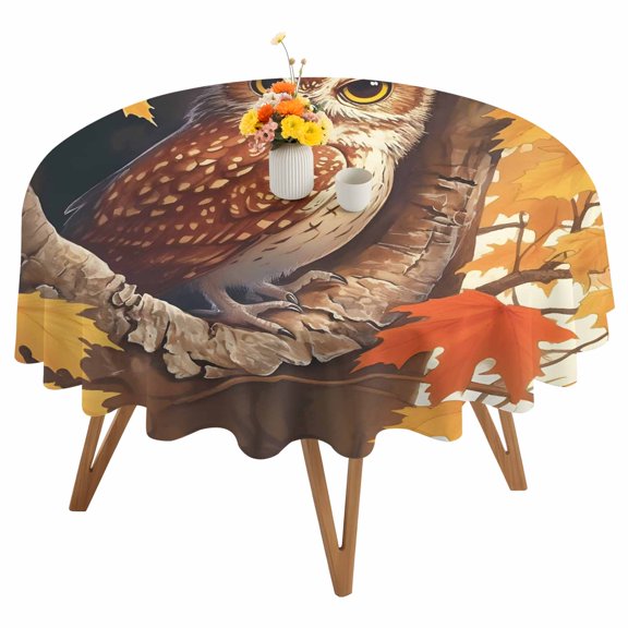 Round Tablecloth Thanksgiving Autumn Waterproof Oil Proof Polyester Table Cloth Cover Decor for Home Dining Outdoor,Patio,Parties, 54" Dia. Red Maple Leaves Owl Fire Orange