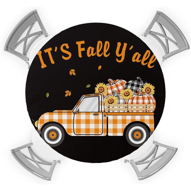 Round Tablecloth Thanksgiving It's Fall Y'all Orange Checkered Truck