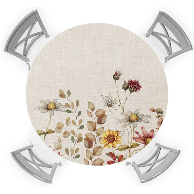 Round Tablecloth Thanksgiving Sunflower Dandelion Daisy Eucalyptus Leaves Fall Autumn Plants