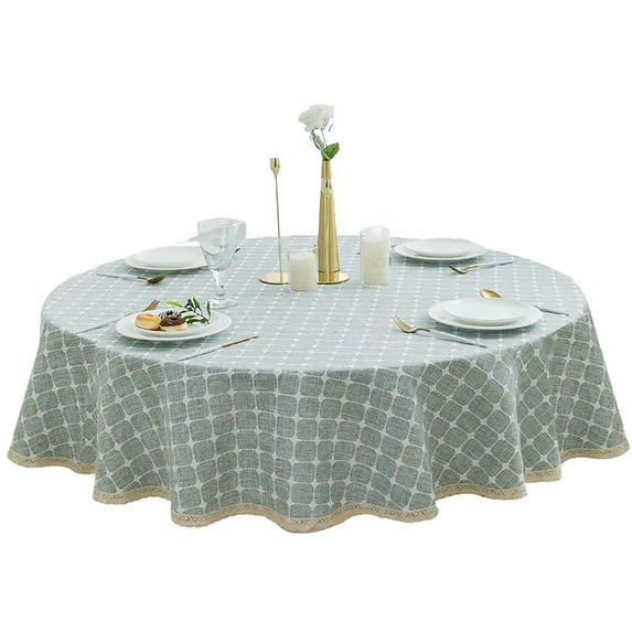 Round Tablecloth,Thicken Plaid Tablecloth With Lace,cotton Linen Blend Table Cover For Kitchen Dining Room Balcony Outdoor Party -Grey-160CM