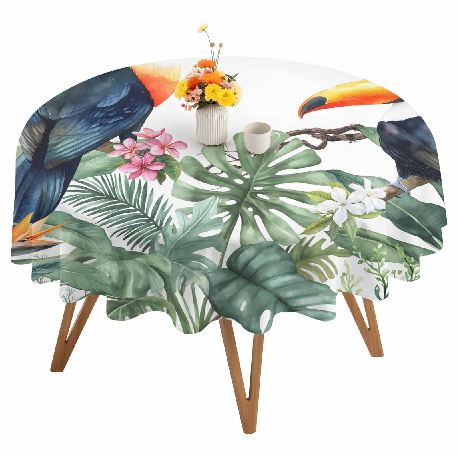 Round Tablecloth Tropical Botanical Waterproof Oil Proof Polyester Table Cloth Cover Decor for Home Dining Outdoor,Patio,Parties, 60" Dia. Palm Banana Leaf Toucan Green