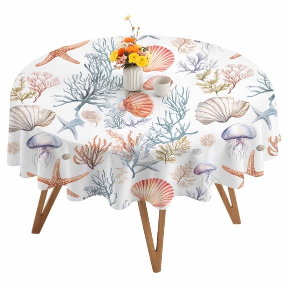 Round Tablecloth Tropical Coastal Waterproof Oil Proof Polyester Table Cloth Cover Decor for Home Dining Outdoor,Patio,Parties, 60" Dia. Watercolor Starfish Starfish Print Orange
