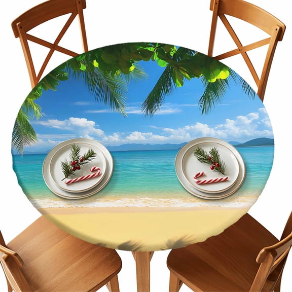 Round Tablecloth Tropical Elastic Edge Fitted Beach Ocean Coconut Plastic Table Cover,Waterproof Oil Proof for Dinner,Outdoor, Picnic, 36" - 44"&nbsp; DIA Tables Green Bule Light Yellow