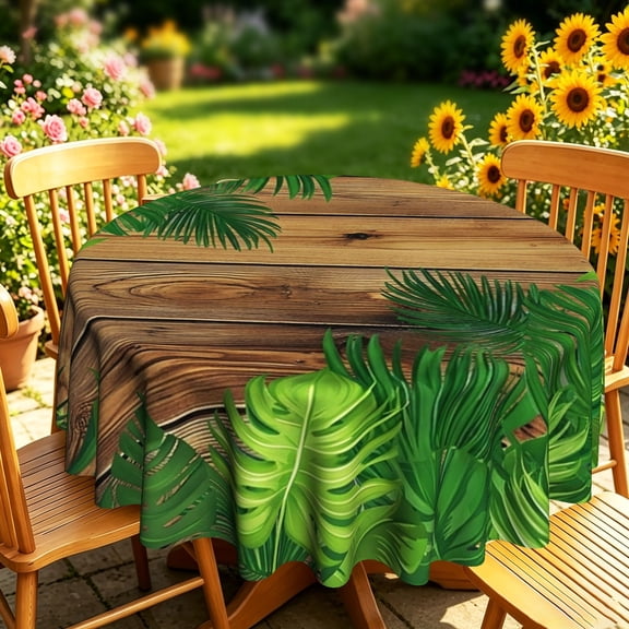 Round Tablecloth Tropical Palm Leaf Wood Plank, Summer Table Cover for Kitchen Dining, Decorative Fabric Table Cloth for Outdoor Patio Garden Picnic & Holiday Home Decoration
