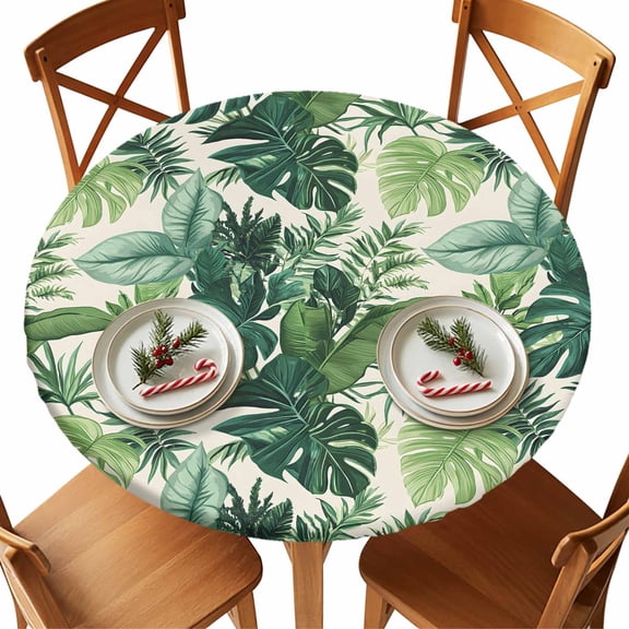 Round Tablecloth Tropical Plant Elastic Edge Fitted Nature Palm Leaf Plastic Table Cover,Waterproof Oil Proof for Dinner,Outdoor, Picnic, 55"- 60" DIA Tables Green