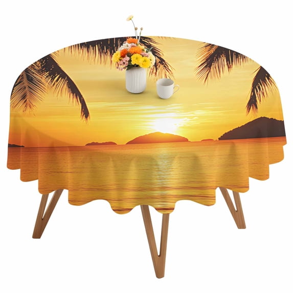 Round Tablecloth Tropical Waterproof Oil Proof Polyester Table Cloth Cover Decor for Home Dining Outdoor,Patio,Parties, 60" Dia. Coconut Beach Sunset Orange Gold Yellow