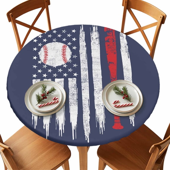 Round Tablecloth U.S. Flag Baseball Elastic Edge Fitted Navy Blue Plastic Table Cover,Waterproof Oil Proof for Dinner,Outdoor, Picnic, 45"- 54" DIA Tables