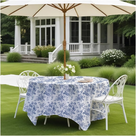 Round Tablecloth with Umbrella Hole and Zipper, Spill Proof Wrinkle Free Table Cloth, Washable Polyester Patio Table Cover for Picnic BBQS(Blue and White,60 x 60 Inch)