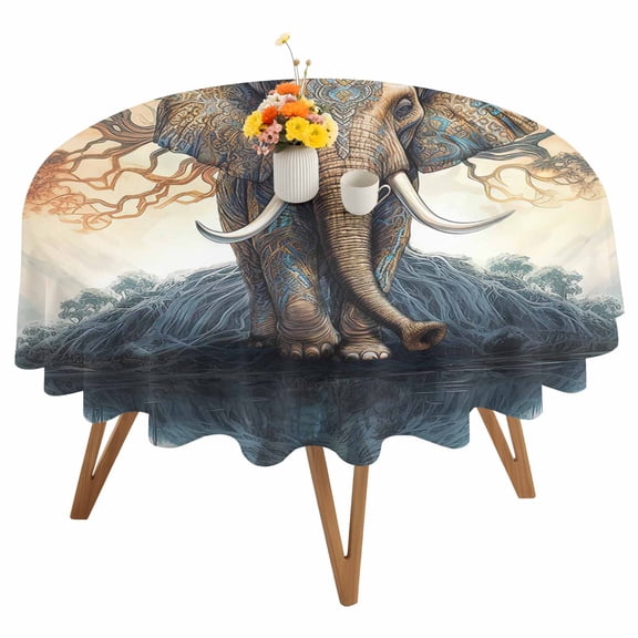 Round Tablecloth Vintage Boho Elephants Trees Waterproof Oil Proof Polyester Table Cloth Cover Decor for Home Dining Outdoor,Patio,Parties, 54" Dia. Chocolate Brown Blue