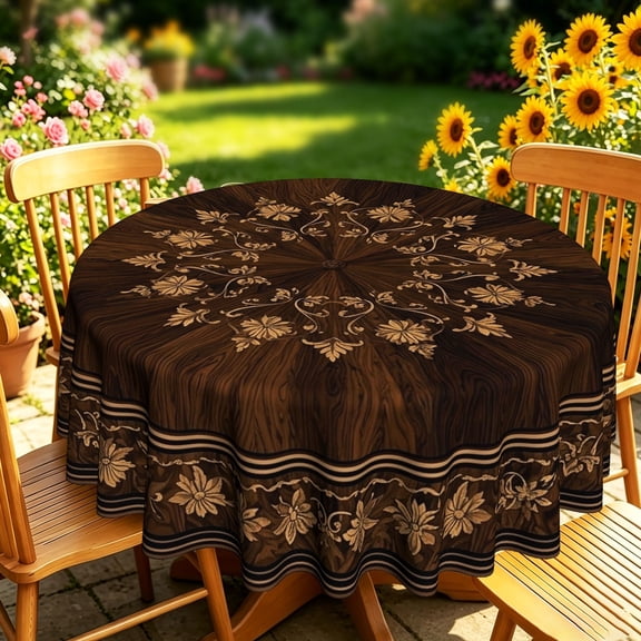 Round Tablecloth, Vintage Dark Brown Wood Grain Floral Scroll 2D Print, Elegant Multiple Sizes Cover for Kitchen Dining Patio Parties