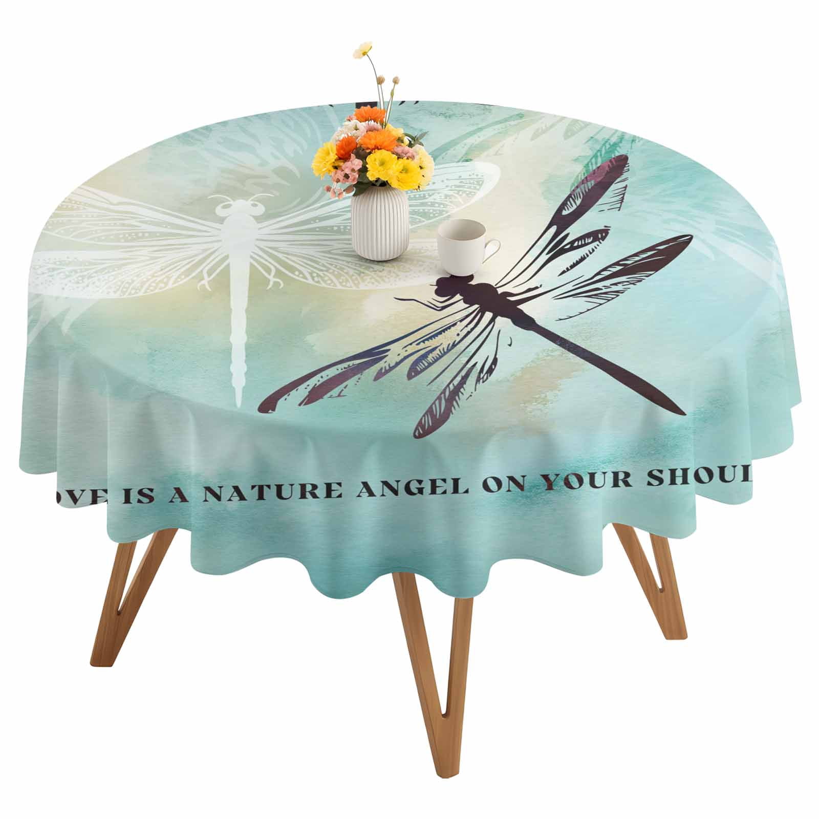 Round Tablecloth Vintage Dragonfly Waterproof Oil Proof Polyester Table Cloth Cover Decor for Home Dining Outdoor,Patio,Parties, 60" Dia. Teal Blue