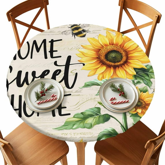 Round Tablecloth Vintage Floral Sunflower Bee Elastic Edge Fitted Home Sweet Home Plastic Table Cover,Waterproof Oil Proof for Dinner,Outdoor, Picnic, 45"- 54" DIA Tables Beige