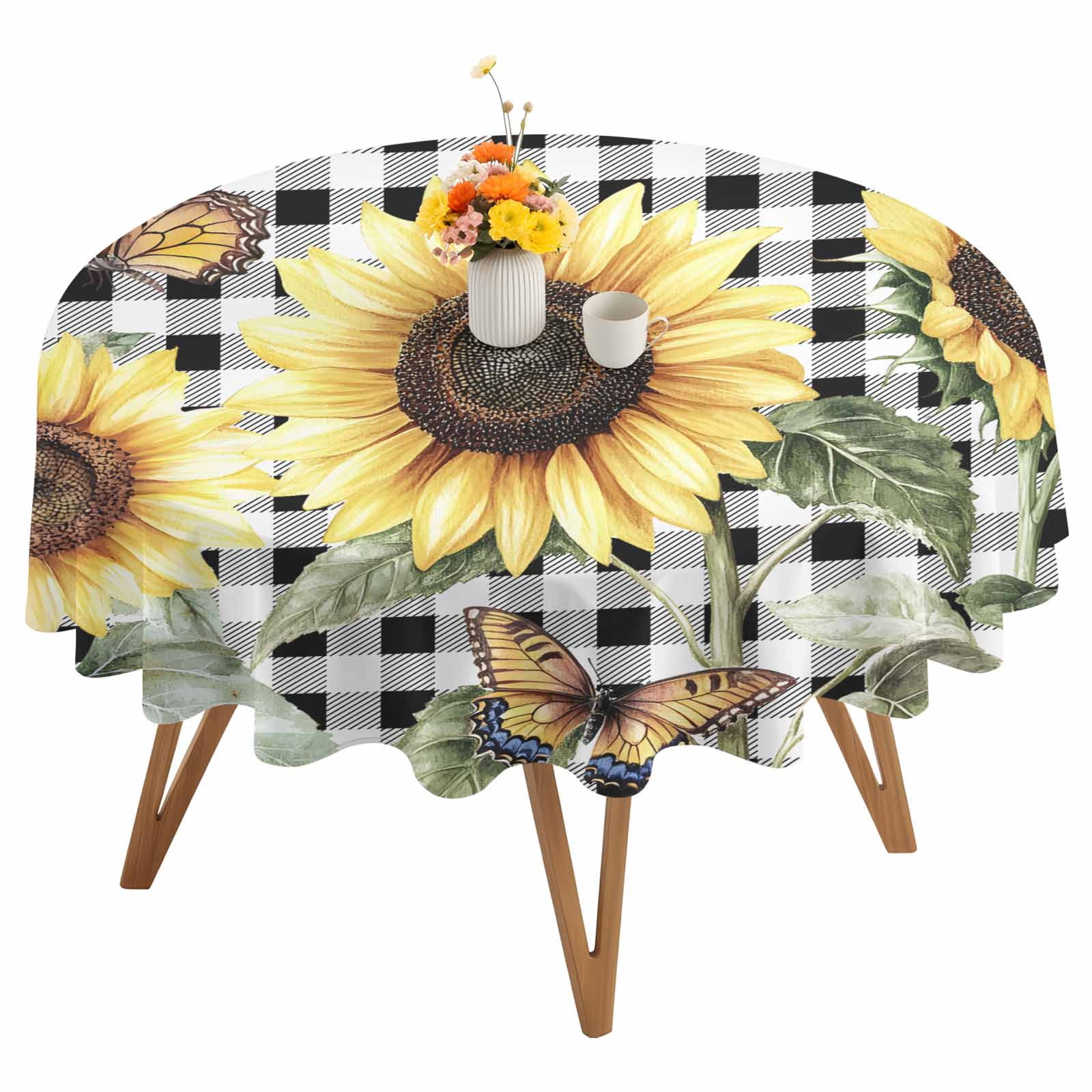 Round Tablecloth Vintage Floral Sunflower Waterproof Oil Proof Polyester Table Cloth Cover Decor for Home Dining Outdoor,Patio,Parties, 54" Dia. Black White Farmhouse Buffalo Plaid