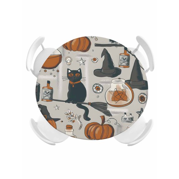 Round Tablecloth Vintage Halloween Pattern Elastic Edge Fitted Pumpkin Witch Hat Black Cat Plastic Table Cover,Waterproof Oil Proof for Dinner,Outdoor, Picnic, 45"- 54" DIA Tables