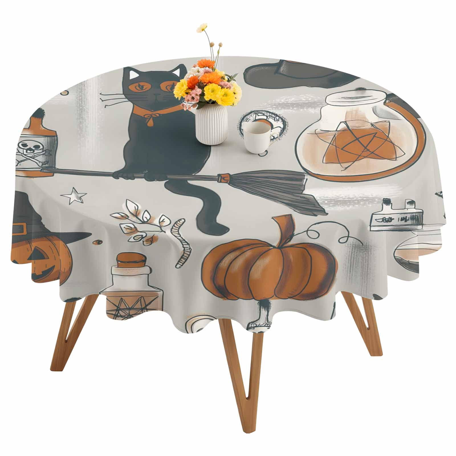 Round Tablecloth Vintage Halloween Pattern Waterproof Oil Proof Polyester Table Cloth Cover Decor for Home Dining Outdoor,Patio,Parties, 54" Dia. Pumpkin Witch Hat Black Cat