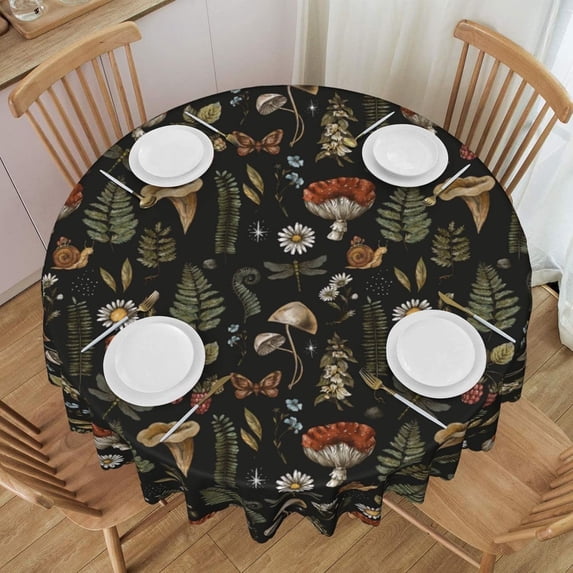 Round Tablecloth Vintage Mushroom Leaf Forest 60 Inch Table Cover for Dining Polyester Cloth with Scalloped Edges Stain Resistance Kitchen Picnic Party Restaurant Decoration