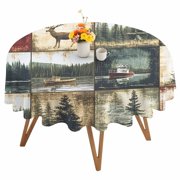 Round Tablecloth Vintage Stitching Waterproof Oil Proof Polyester Table Cloth Cover Decor for Home Dining Outdoor,Patio,Parties, 54" Dia. Animal Forest Deer Ship Pattern Brown Green